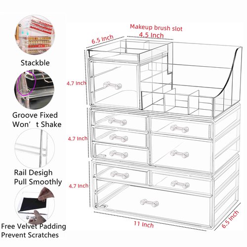 Cq acrylic 3 Pack Clear Make up Organizer Countertop,Stackable 9 Drawers Makeup Storage,Cute Vanity Organizers for dresser Hair Clip,Jewelry,Beauty Product Desk and Bathroom Organizers and Storage