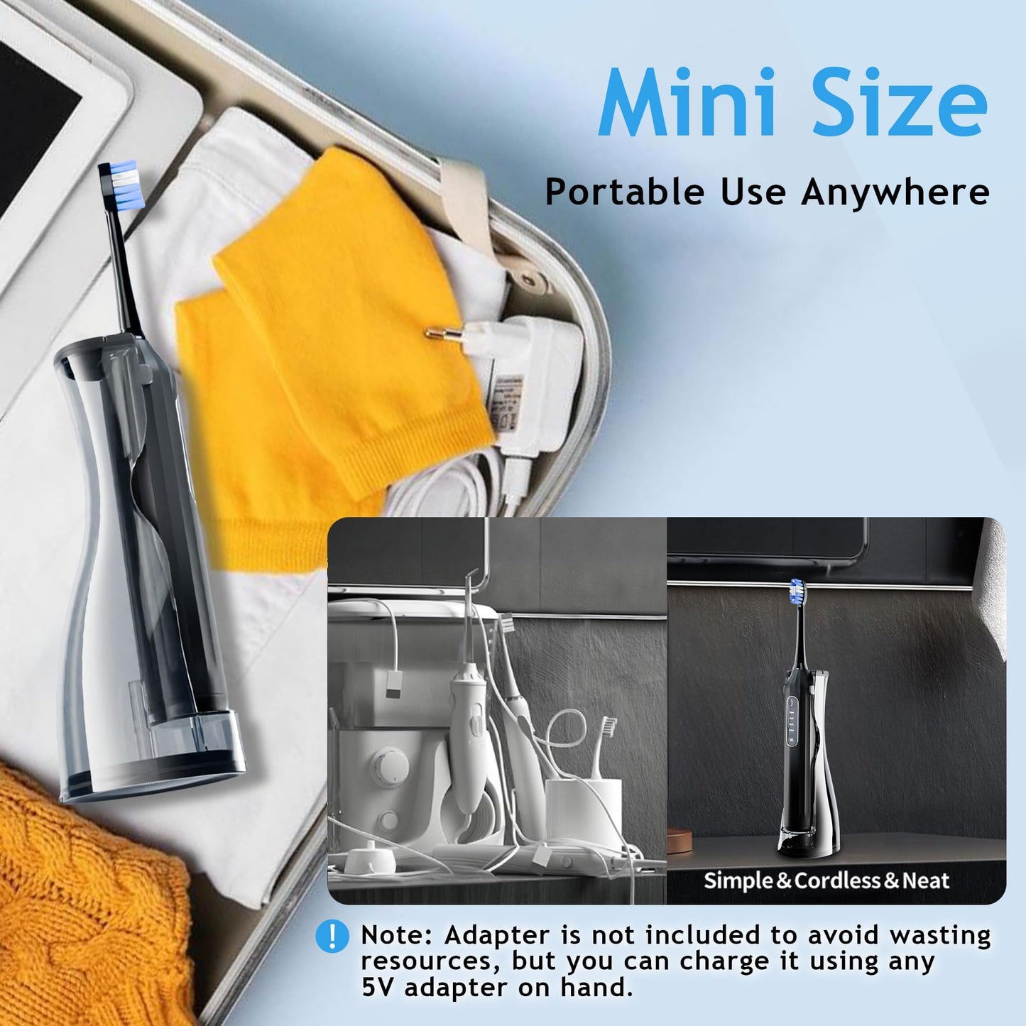 Pinkart Electric Toothbrush with Water Flosser Combo for Adults, 8 Brush Heads, 1 Flosser Tip, 1 Tongue Scraper, 1 Hose, 1 Water Tank – Ideal for Travel and Oral Health(Black and Gray)