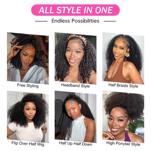 BGM GIRL Half Wig Human Hair Kinky Curly 3 in 1 Wigs Beginner Friendly Flip Over Drawstring Glueless Wig Kinky Curly Ready to Go Seamless Clip in Wigs Natural Black Color 18 Inch