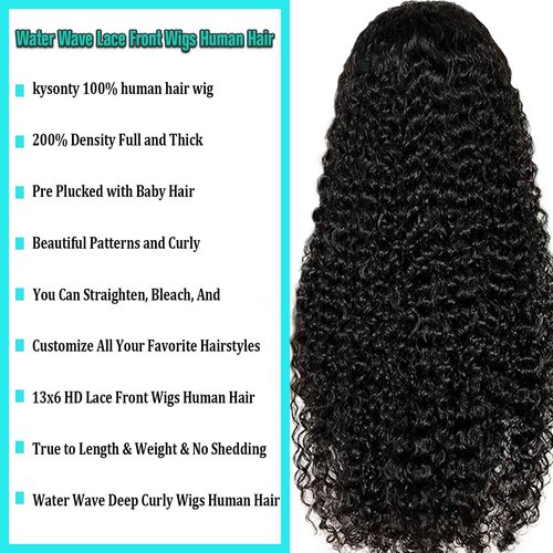 kysonty Water Wave Lace Front Wigs Human Hair 200% Density Wet and Wavy Deep Part curly 13x6 HD Trasparent Lace Frontal Wigs for Black Women Glueless Wigs Human Hair Pre Plucked with Baby Hair 28inch