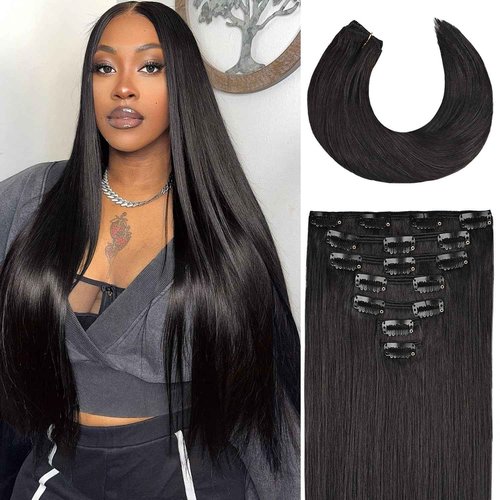 Clip in Hair Extensions Real Human Hair 24 Inch 120g 7pcs Invisible Seamless Real Hair Clip In Hairpiece, Double Layer Woven Real Hair, Specially Designed for Women, 1B Natural Black