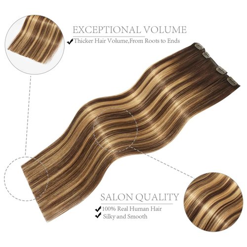 FoxFace Clip in Hair Extensions Real Human Hair, Thick Extensions from Root to Tip, Natural Hair Clip Ins, Balayage Chocolate Brown to Caramel Blonde,24 Inch 120g 7Pcs