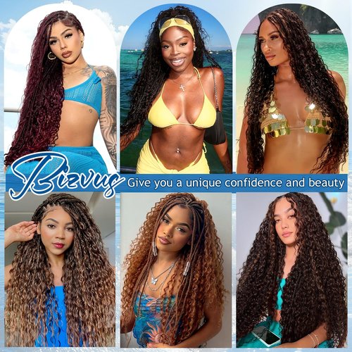 Bizvus 24inch Human Braiding Hair for Boho Braids 110g Deep Wave Boho Bulk Human Hair for Braiding Knotless 12A Wet and Wavy Bulk Bohemian Curly 3 Bundles/Pack #99j Burgundy Color