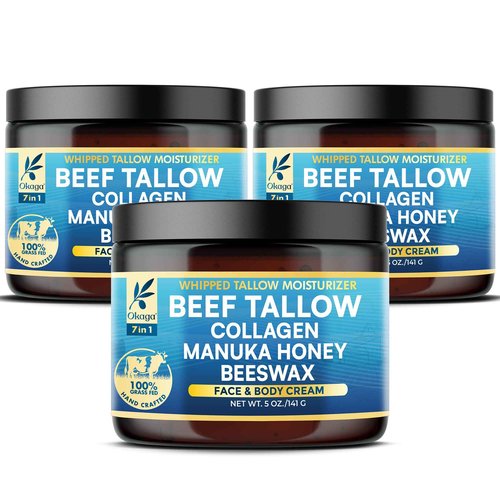 Organic Beef Tallow for Skin, Organic Grass-Fed Beef Tallow Balm with Manuka Honey, Aloe Vera, Jojoba Oil, Collagen & Beeswax, Olive Oil, Moisturizer for Dry Skin, Nourishes Face, Body & Lips (3 Pack)