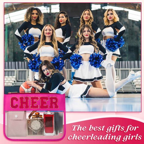Aliceset 12 Pcs Cheer Chenille Letter Bags, Clear Makeup Cosmetic Bag for Cheerleader Gifts, Preppy Patch Zipper Pouch, Waterproof PVC Travel Toiletry Organizer Women Girls (Black, White, Hot Pink)