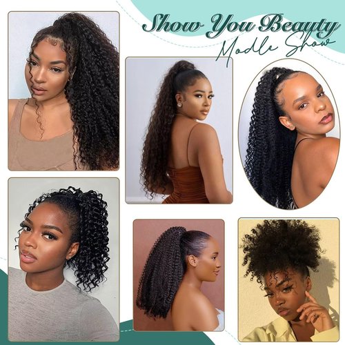 SPIKFN Ponytail Extension Human Hair Curly Ponytail Extension for Black Women Long Afro Puffs Hair Buns Drawstring Ponytail Human Hair (16 Inch #1B Natural Black)