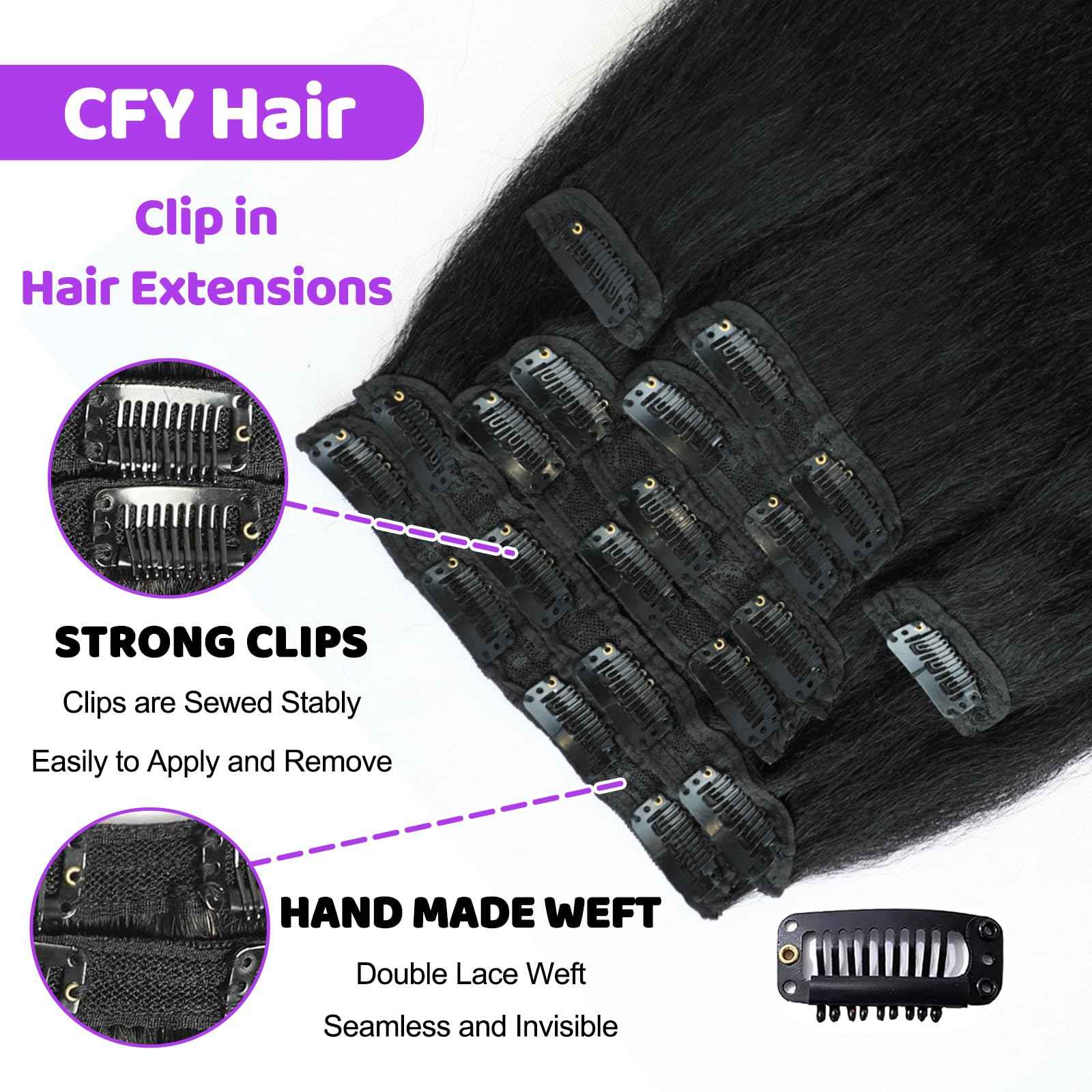 16 Inch Kinky Straight Clip ins 8Pcs 110g Clip in Hair Extensions Real Human Hair Yaki Straight Clipins for Black Women Full Head Brazilian Remy Hair Extensions Double Weft 20 Clips
