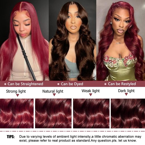 24 Inch Burgundy Wig Human Hair 13x6 Burgundy Lace Front Wigs Human Hair 200 Density HD Lace Front Wigs Glueless Wine Red Body Wave Lace Front Wigs Pre Plucked for Women