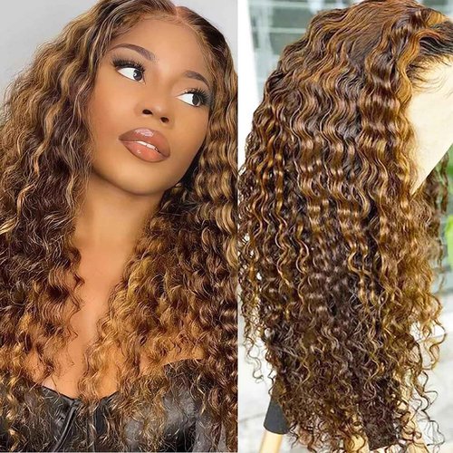 Alidiamond 18 inch Highlight Deep Wave Wig Human Hair, Ombre Lace Front Wig Human Hair, Honey Blonde Highlight Wig Human Hair, Wet and Wavy Lace Front Wigs Human Hair Pre Plucked 180% Density
