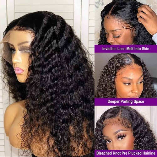 Bling Hair 28 Inch Deep Wave Frontal Wig Human Hair Pre Plucked Glueless Human Hair Wigs for Women 13x4 HD Lace Front Wigs Human Hair Deep Wave Wig 180% Density Natural Hairline Closure Wigs Black Wig