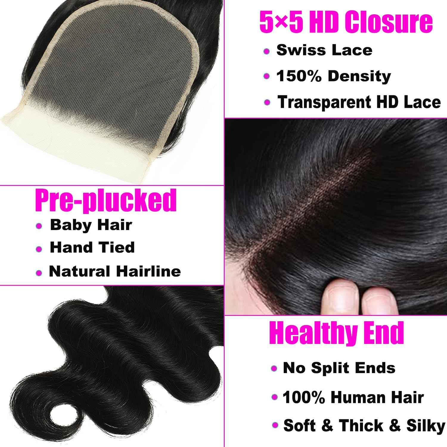 Human Hair Bundles with Closure 12A Body Wave Bundles Human Hair With Closure 100% Unprocessed Brazilian Virgin Raw Hair Bundles Extensions Double Weft (20 22 24 +18)