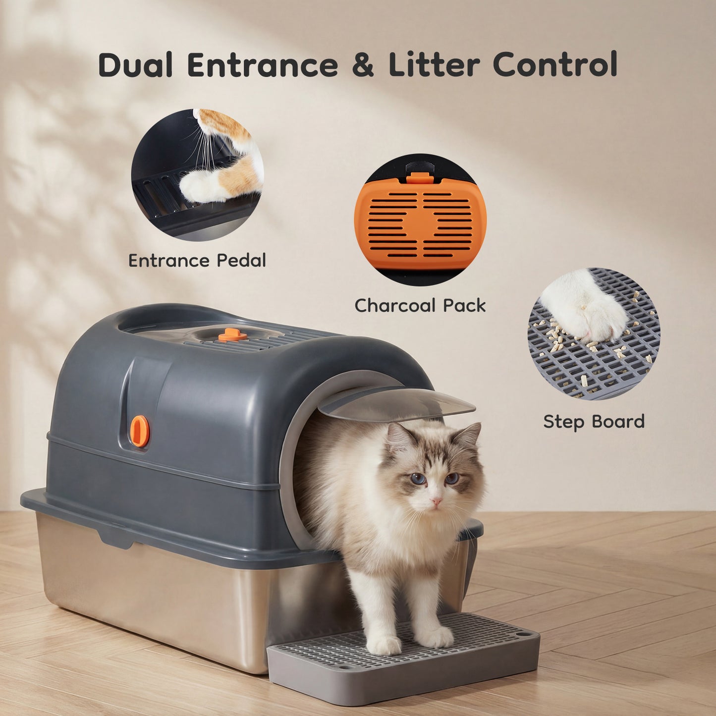 Double-Entry Convertible Cat Litter Box with Lid and Storage