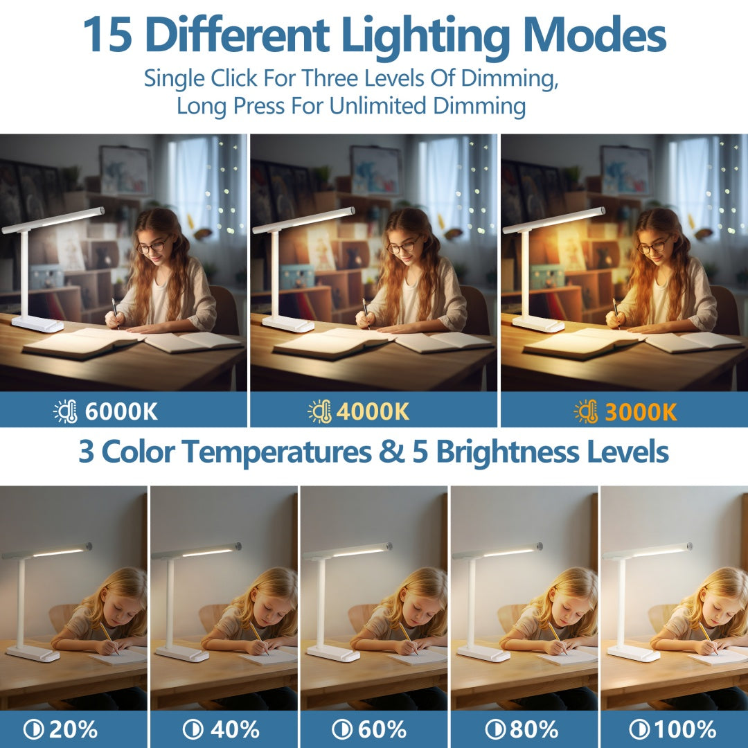 Adjustable LED Desk Lamp with USB Charging Port & Dimmable Brightness