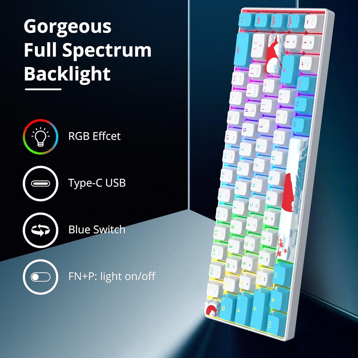 60 Percent Gaming Keyboard Mechanical with Linear Red Switch, 65% Wired Ultra-Compact Mini Keyboard Rainbow with PBT Keycaps for Ps4/Ps5/Xbox(68 Green)