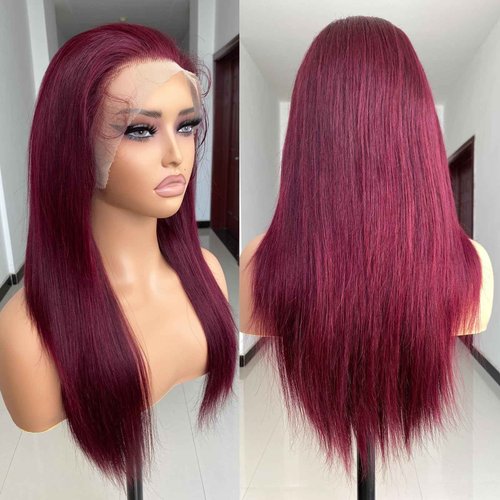 REMY HAIR 99J Lace Front Wigs Human Hair 13x4 Transparent Frontal Lace Straight Wig Pre Plucked with Baby Hair 180% Density Brazilian Virgin Glueless Wigs for Women Burgundy Lace Front Wigs (14 Inch)