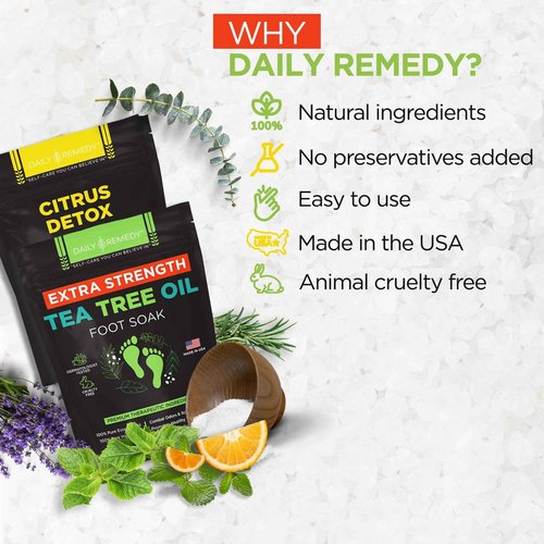 DAILY REMEDY 4-Pack Foot Soak Set - 2 Extra Strength Tea Tree Oil & 2 Citrus Detox - Made In USA - Soothes Tired Feet, Athletes Foot, Stubborn Foot Odor, Softens Calluses & Refreshes & Detoxifies