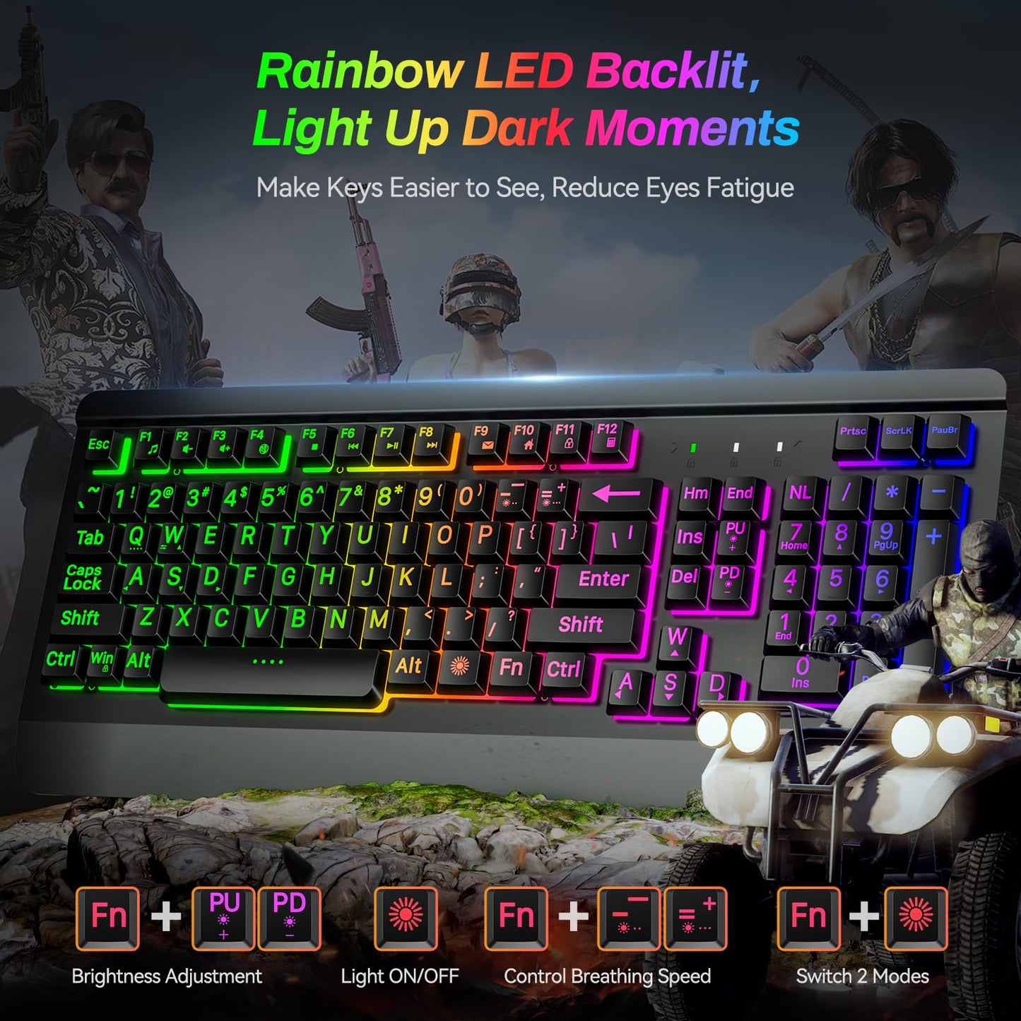 Acebaff Gaming Computer Keyboard with Large Print Keys, 104 Keys All-Metal Panel, Rainbow LED Backlit, Wrist Rest, Multimedia, Anti-Ghosting, Waterproof Light Up Wired Keyboard for PC Mac Gamer
