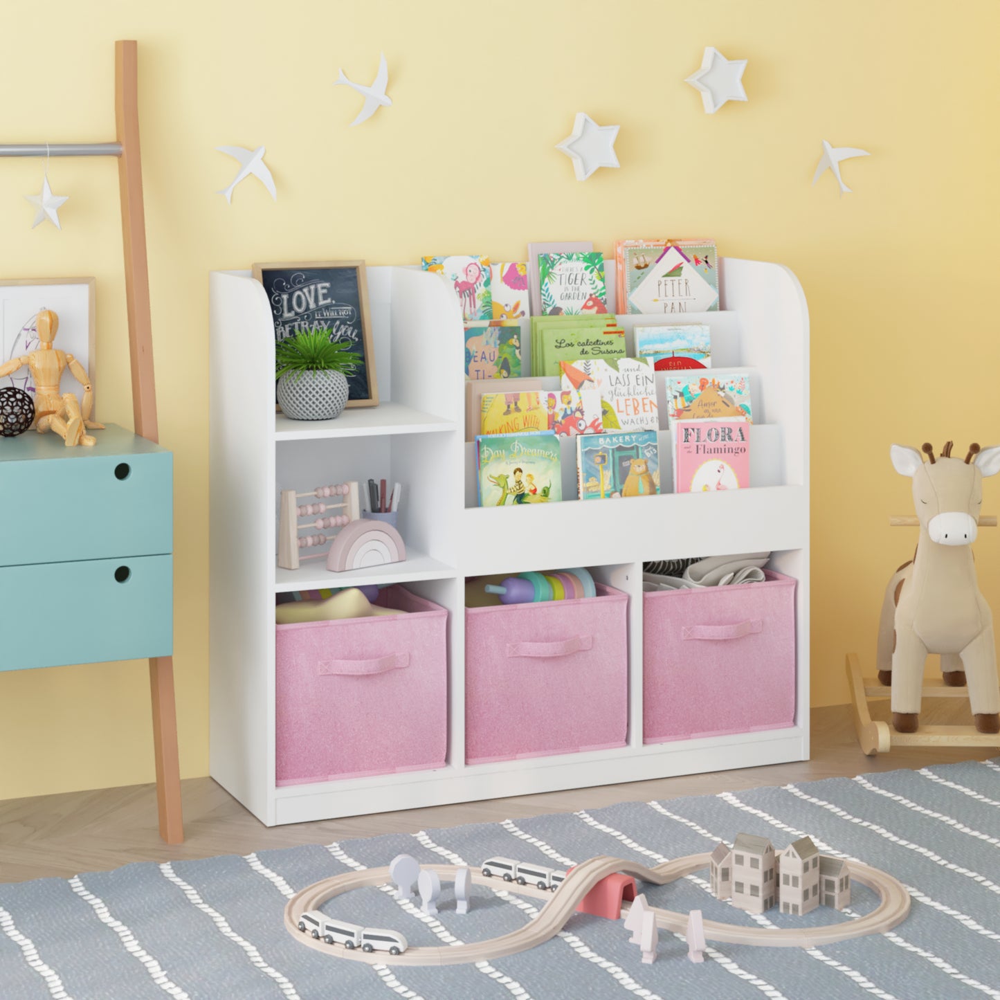 Kids Bookcase with 3 Fabric Drawers - White and Pink