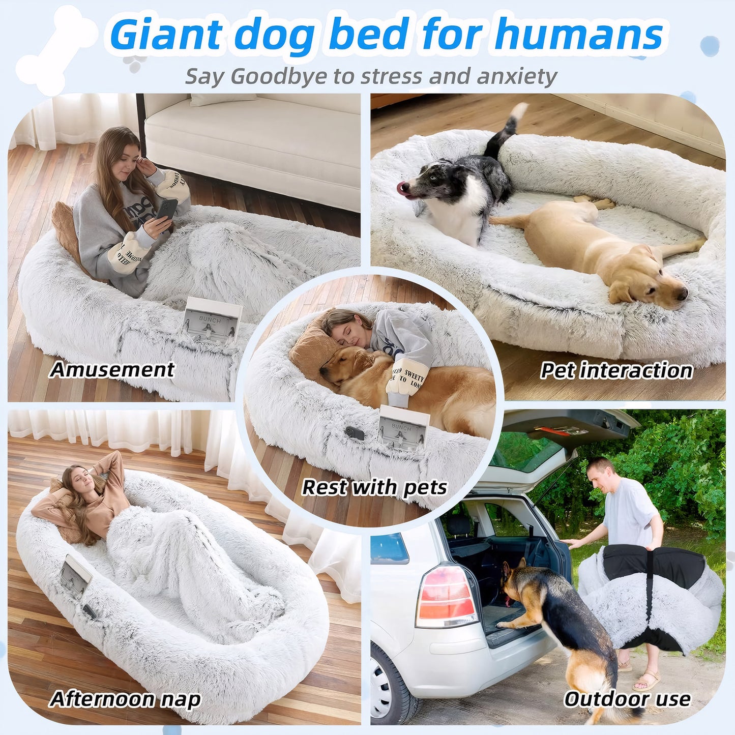 Large Human Dog Bed - Washable Faux Fur Napping Orthopedic Bed for People and Pets, 71x45x14 Grey