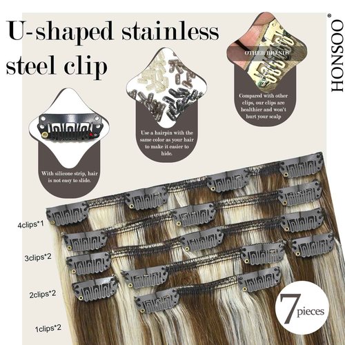 Honsoo Upgraded Clip In Hair Extensions Balayage Real Human Hair Clip Ins Light Brown To Blonde Highlights Soft Straight For Women 85g 18in 7pcs