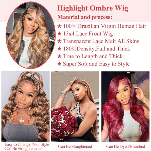Honey Blonde Wig Human Hair Body Wave P4/27 Highlight Ombre Lace Front Wig Human hair 13X4 Lace Front Wigs Human Hair 180% Density HD Transparent Pre Plucked Body Wave Lace Front Wigs 20 Inch