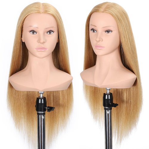 TKIMHEQ 27" Female Mannequin Head with Shoulder 90% Human Hair and 10% Synthetic Hair Practice Hair Braiding Training Head Hair Styling Cosmetology Manikin Head Doll Head for Hairdresser (27# Color)
