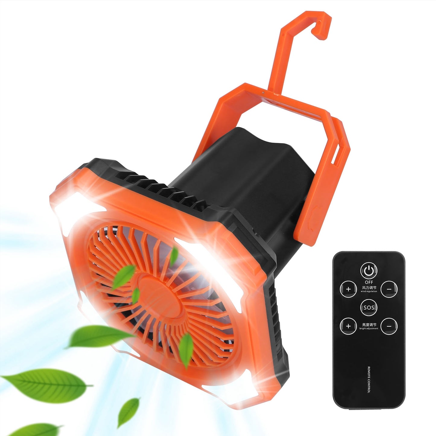 Portable Camping Lantern Fan - USB Rechargeable, 3 Wind & 4 Light Modes, Emergency Power Bank, Orange