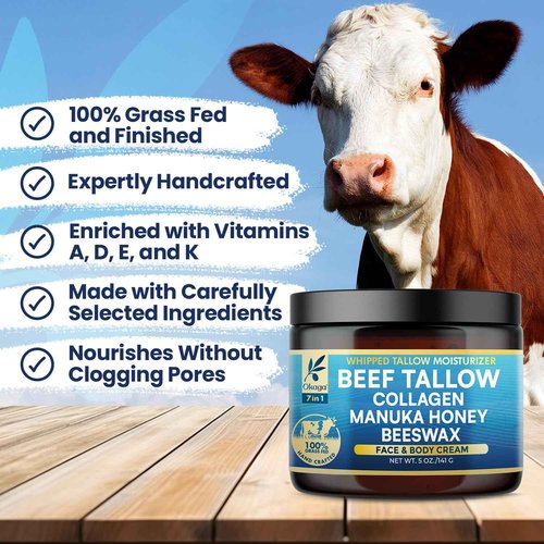 Organic Beef Tallow for Skin, Organic Grass-Fed Beef Tallow Balm with Manuka Honey, Aloe Vera, Jojoba Oil, Collagen & Beeswax, Olive Oil, Moisturizer for Dry Skin, Nourishes Face, Body & Lips (3 Pack)