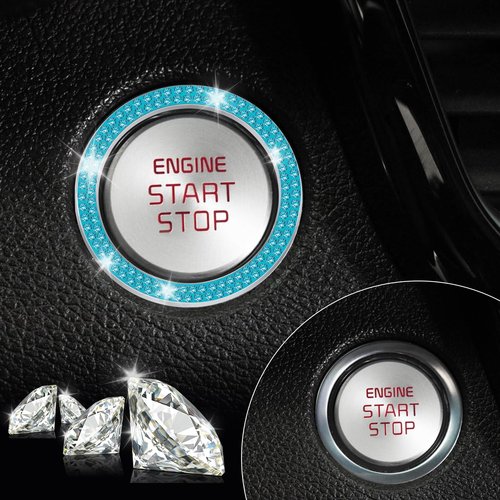 LivTee 2 PCS Crystal Double Rhinestone Car Engine Start Stop Decoration Ring, Bling Car Interior Accessories for Women, Push to Start Button Cover Sticker, Automotive Decals, Cyan