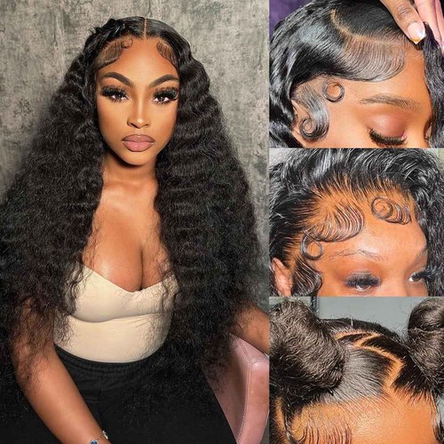 MMFZPHEIR Deep Wave Lace Front Wigs Human Hair 200% Density 13x6 HD Transparent Deep Wave Frontal Wigs Human Hair With Baby Hair(24 Inch)