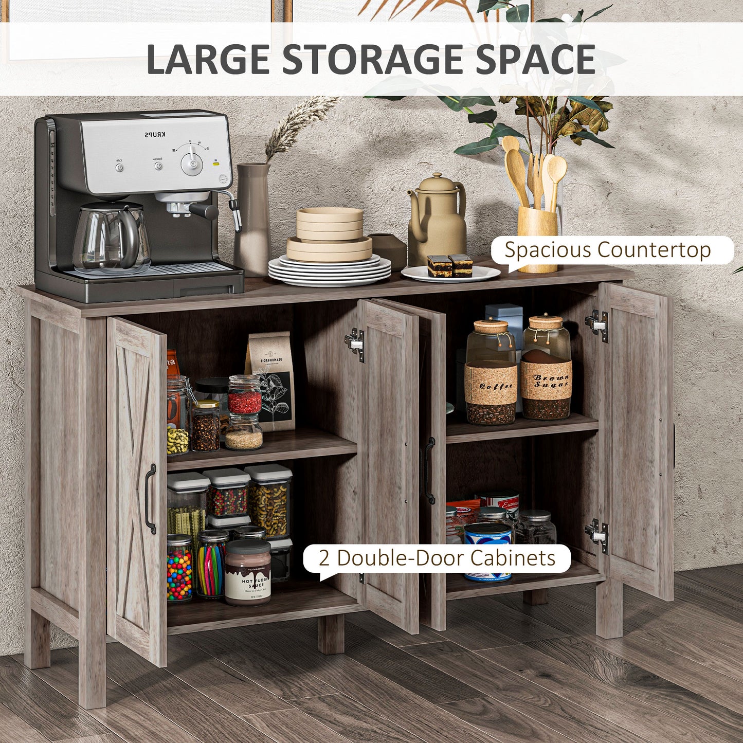 Farmhouse Sideboard Buffet with Barn Doors & Adjustable Shelves - Gray