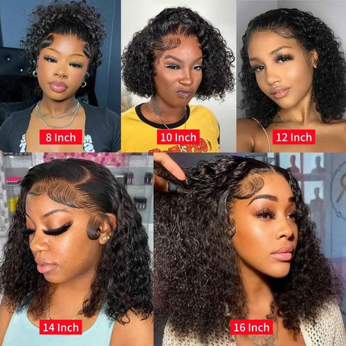Nakkia 13x6 Bob Wig Deep Wave Lace Front Wigs Human Hair 13x6 Lace Frontal Wigs 180% Density Curly Bob Wig Human Hair Pre Plucked for Women Natural Black 16Inch
