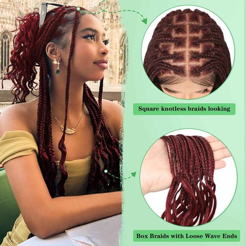 Youthfee 360° HD Full Lace Knotless Braided Wigs for Women with Boho Curly Ends Braided Lace Front Wigs with Baby Hair Premium Synthetic Burgundy Natural Box Braid Wig 36 Inch