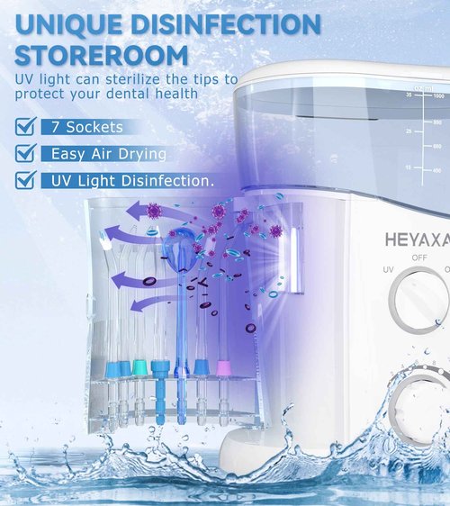 HEYAXA Water Dental Flosser for Teeth Cleaning with 1000ML Large Capacity and UV Storage, 10 Adjustable Pressure Electric Oral Irrigator with 7 Jet Tips for Home Use, Gums, Braces (Ivory White)