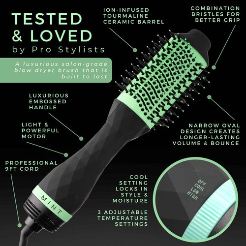 MINT Professional Series 5-in-1 Ionic Hair Dryer Brush, Black & Mint Green - Powerful Frizz-Eliminating Blowout Brush Straightens, Volumizes, Smooths, and De-Frizzes for Fine/Thick Hair