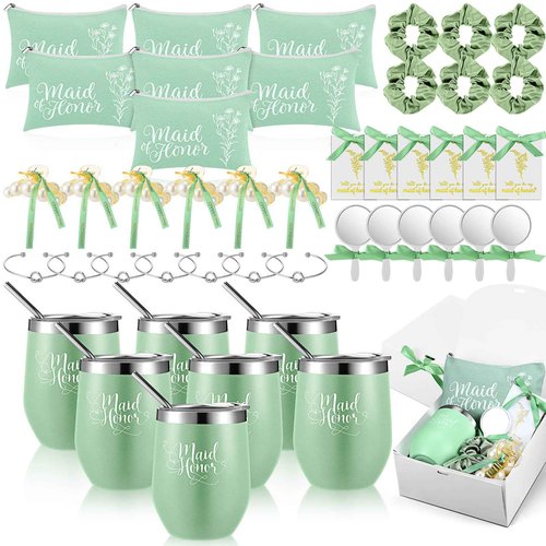 FineCheer 48 Pcs Bridesmaid Proposal Gifts Maid of Honor Proposal Gift Include Box Tumblers Makeup Bag Scrunchie Hair Clip Bracelet Card Mirror for Bridal Shower Bachelorette Party(Green)