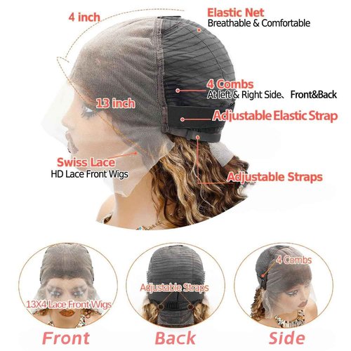 JFOOHD 28 Inch Highlight Deep Wave Lace Front Wigs Human Hair 200% Density 13x4 Deep Curly Human Hair Wig Pre Plucked P4/27 Ombre HD Lace Frontal Wigs for Women