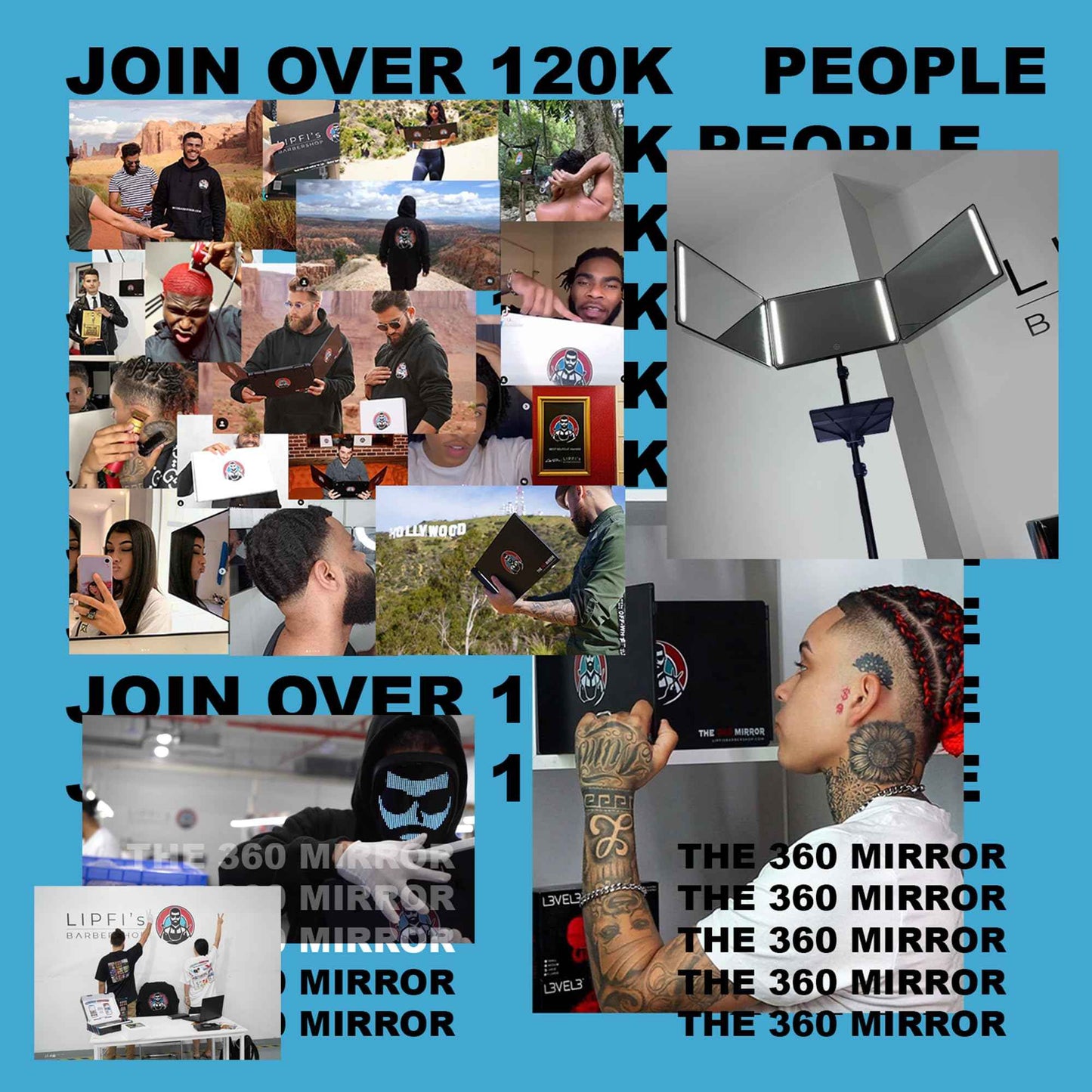 LIPFISBARBERSHOP.COM 360° Mirror with Tripod, 3-Way Mirro for Self Hair Cutting, Includes Crystal-Clear Glass, 4 LEDs, USB-C Fast Charging, Rechargeable Battery (360 Mirror + Tripod + Adapter)