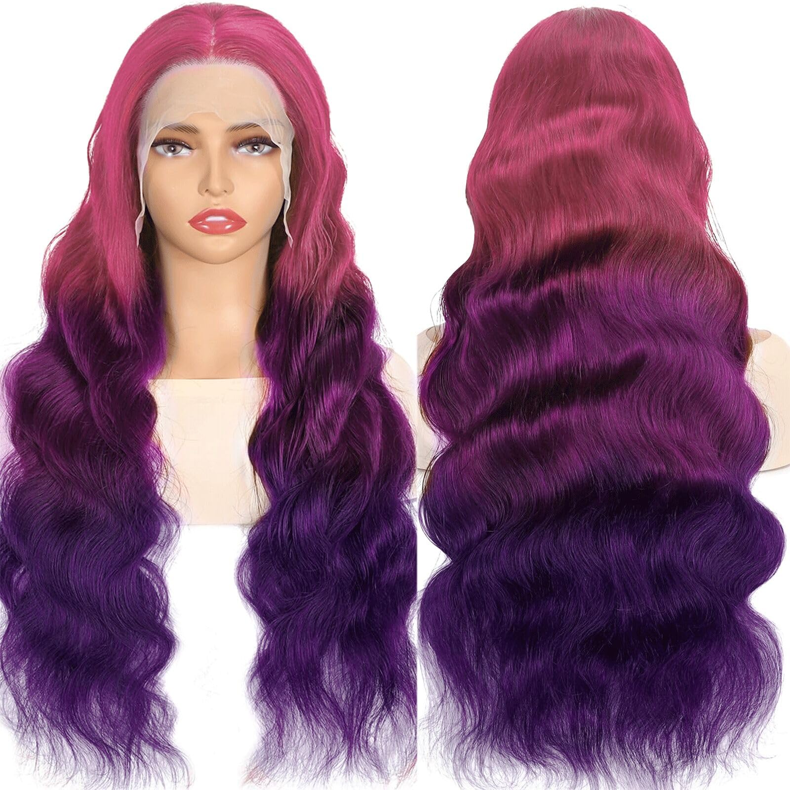 GGEDUO Dark Purple Ombre Lace Front Wig Human Hair Body Wave Burgundy Ombre 13x4 HD Glueless Lace Front Wigs 3 Tone Pink to Red and Purple Colored for Fashion Women 180% Density 18 Inch