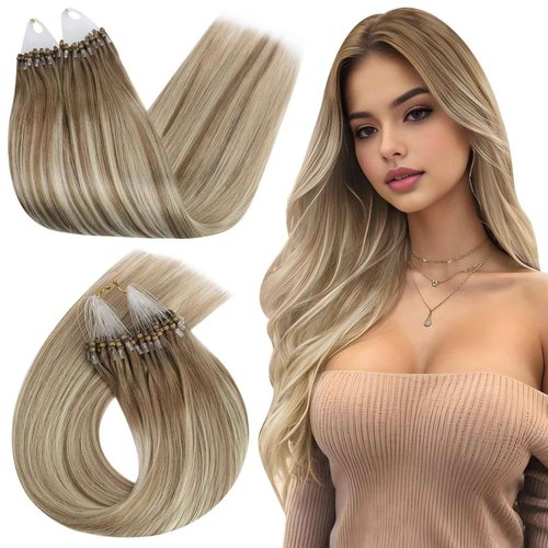 Ugeat Microlink Hair Extensions Ombre for Long Length 24 Inch Balayage Micro Bead Real Human Hair Extensions Light Brown Ombre Platinum Blonde Straight Cold Fusion with Micro Beads 50S 50S