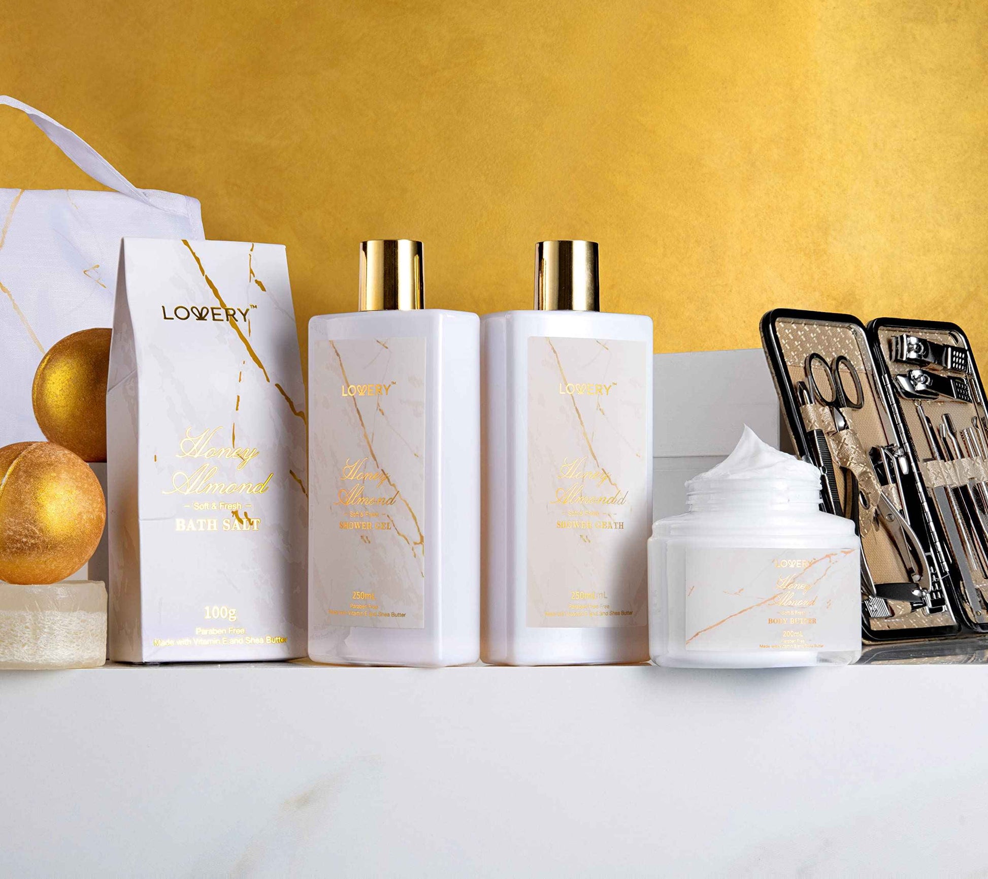 Gifts for Mom, Gift Basket, Spa Gifts For Women, 31Pc Self Care Kit, Stress Relief Gift, Birthday, Thank You, Honey Almond Bath and Body Gift - Toiletry Bag, Nail Kit, Bath Bombs & More