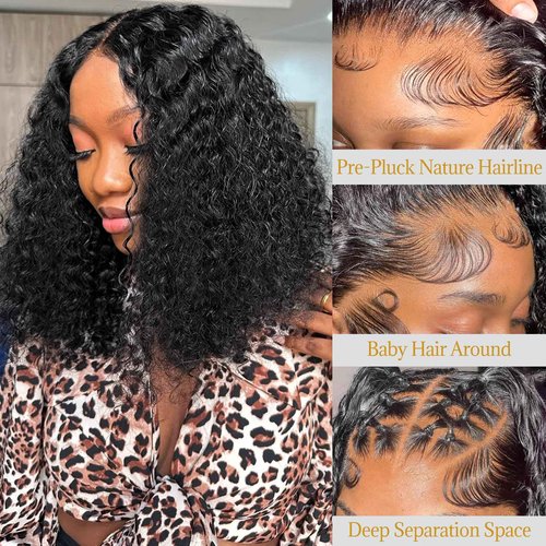 EMOBANA Short Curly Bob Wig Human Hair 13x4 Lace Front Wigs Brazilian Virgin Human Hair Lace Frontal Curly Wigs For Black Women Pre Plucked with Baby Hair 180 Density (16 Inch)