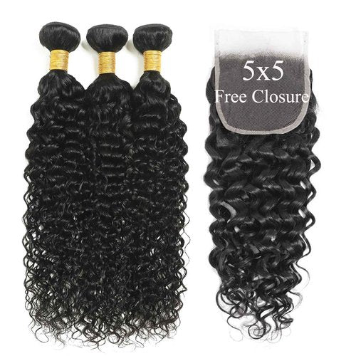 Water Wave Human Hair Bundles with Closure (20 22 24+18) Wet and Wavy 100% Unprocessed Brazilian Virgin human hair 3 Bundles with 5x5 Lace Closure Free Part Curly Wave Hair Extensions