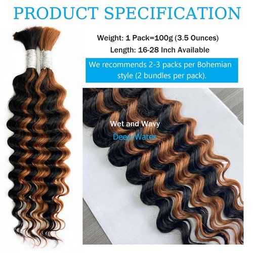 28 Inch Human Braiding Hair For Boho Braids 100g Deep Wave Bulk Human Hair For Braiding Color 1B/30 Natural Black And Brown
