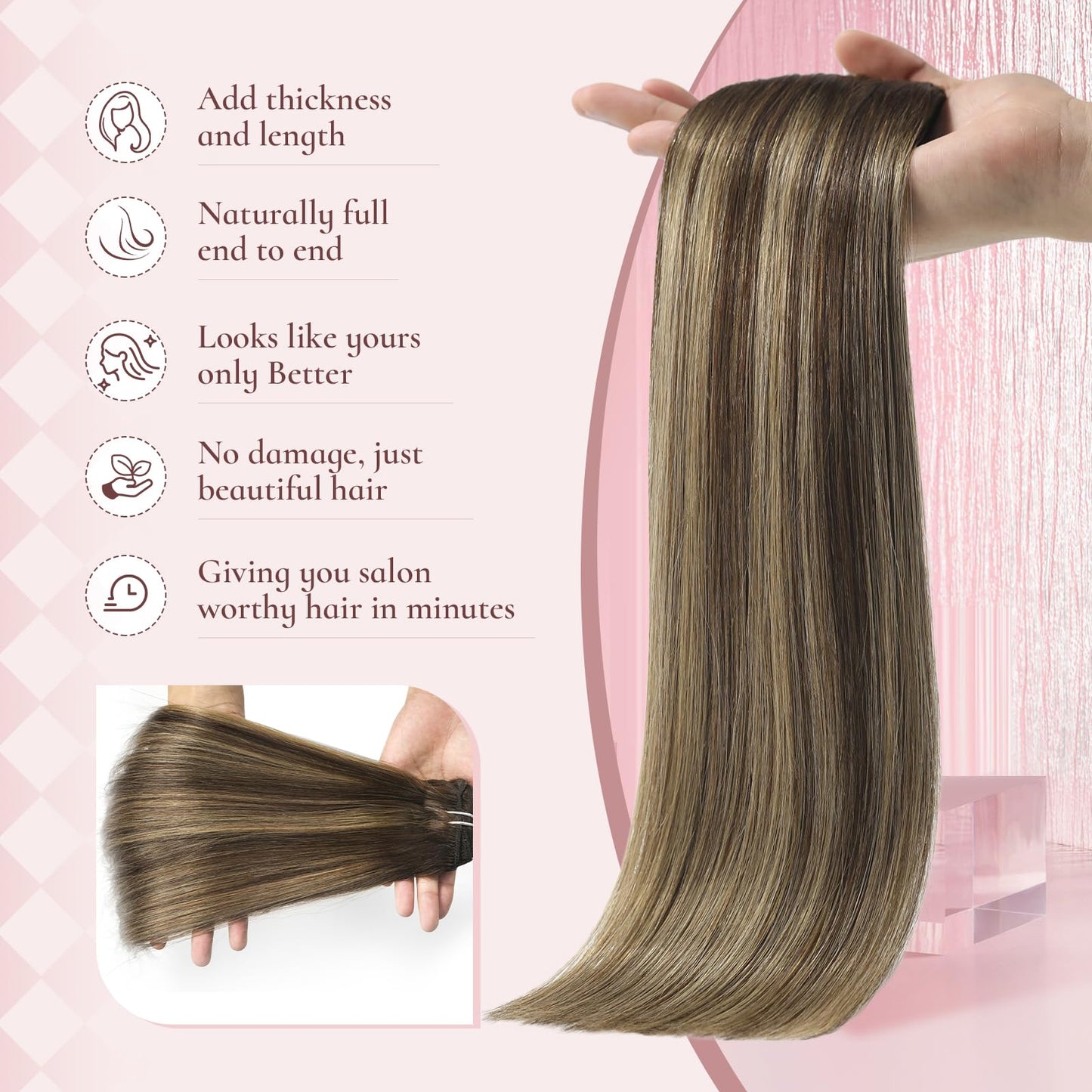 Hyssiet 18 Inch Invisible Clip in Real Human Hair Extensions,Balayage Chocolate Brown to Caramel Blonde,85 Gram 7 Pieces With 16 Clips,Remy Thick Straight Hair, No Slip, No Shedding