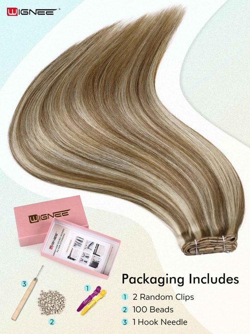 WIGNEE 100% Remy Double Weft Invisible PU OVO Human Hair Extensions 14 Inch Micro Beads Real Human Hair Extensions Blonde Ombre Wefts Hair Extensions Real Human Hair(9A/60)