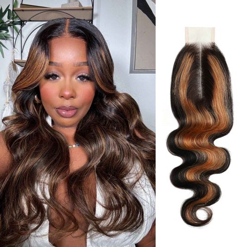 BQRIH F1B/30 Brown Highlighted 2x6 HD Closure Only Body Wave Human Hair 16 Inch, 12A 100% Virgin Remy Deep Middle Part Ombre Honey Blonde Highlight 2by6 Kim K Lace Closure Pre Plucked For Women Sew In