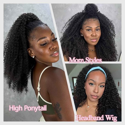 Lametope Glueless Half Wig Human Hair Kinky Curly 200 Density 3 In 1 Seamless Flip Over Drastring Half Wig Human Hair for Beginner Kinky Curly Human Hair Headband Wig for Women （16 Inch）