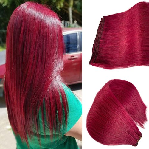 Burgundy Sew in Hair Extensions Real Human Hair Wefts, 22 Inch 120G Full Head Double Weft Burgundy Hair Weft Extensions Hand Tied Natural Straight Human Hair Sew in Extensions for Women