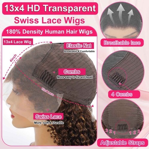 ALSZIQIHR Highlight Ombre 13x4 Lace Front Wig Human Hair Pre Plucked HD Transparent 4/27 Honey Blonde lace frontal Wigs with Baby Hair 180% Density Colored Water Wave Lace Front wig for Women 20 inch